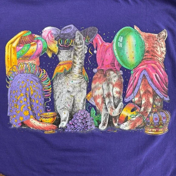 Vintage 90s Cropped New Orleans Mardi Gras Cat Front & Back Graphic Tee ~Size XL - Picture 6 of 9